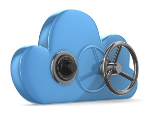 Cloud with lock on white background. Isolated 3D image